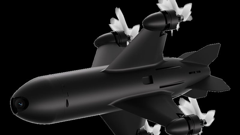 An Iron Shield interceptor in flight configuration, with four rotors on a fixed-wing airframe
