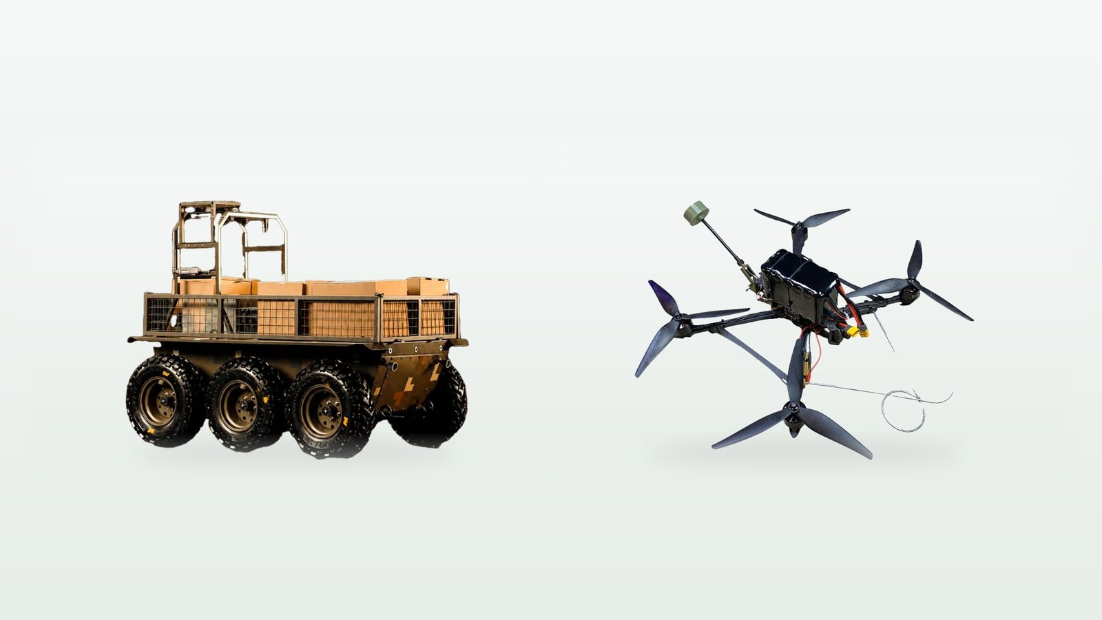 The RAVLYK ground robotic complex and a Stealth Fiberon FPV quadcopter