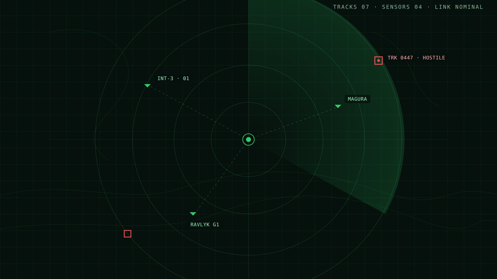 The Lurker common operating picture, showing tracks and sensor coverage on a dark map display