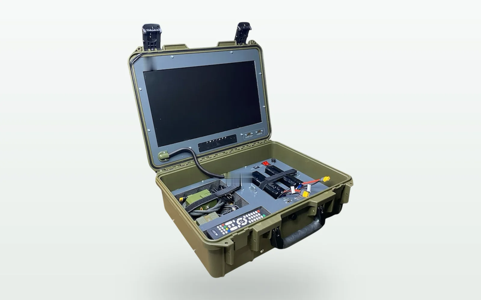 Stealth ground control station, open case with 27-inch display and antenna modules