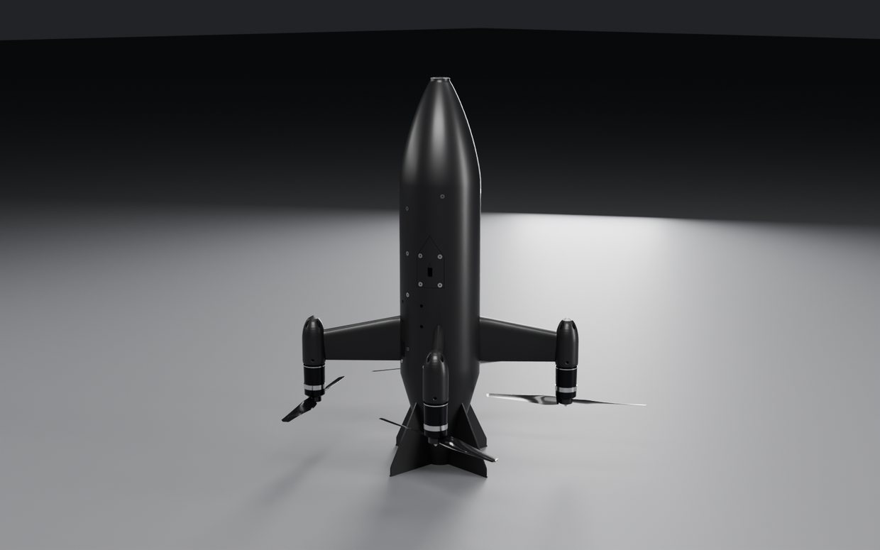 INT-9 standing upright on its tail, no wings fitted